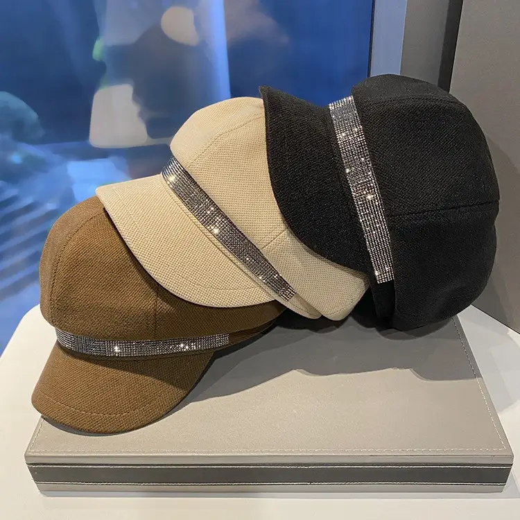 Korean Style Rhinestone Octagonal Cap Brown - Image 8