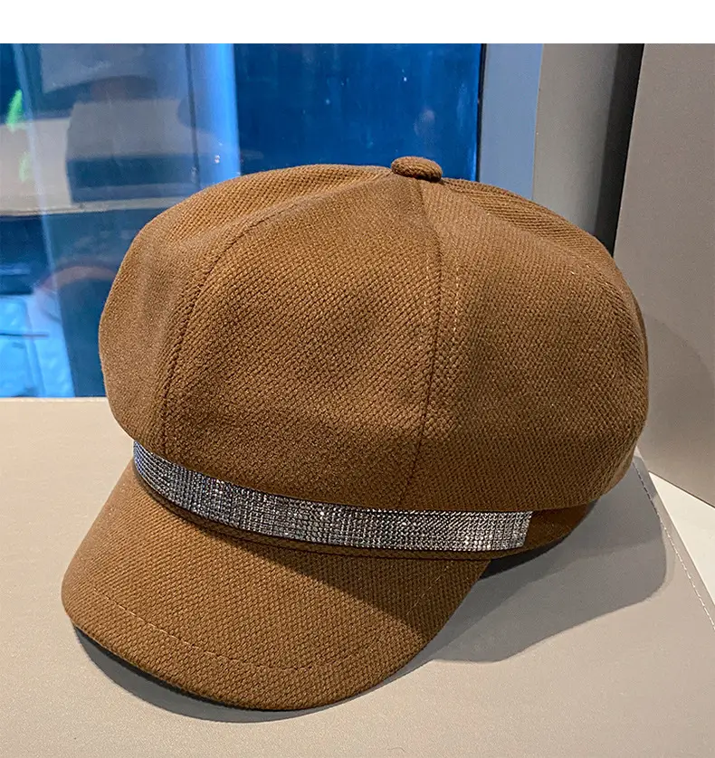 Korean Style Rhinestone Octagonal Cap Brown — feature 11