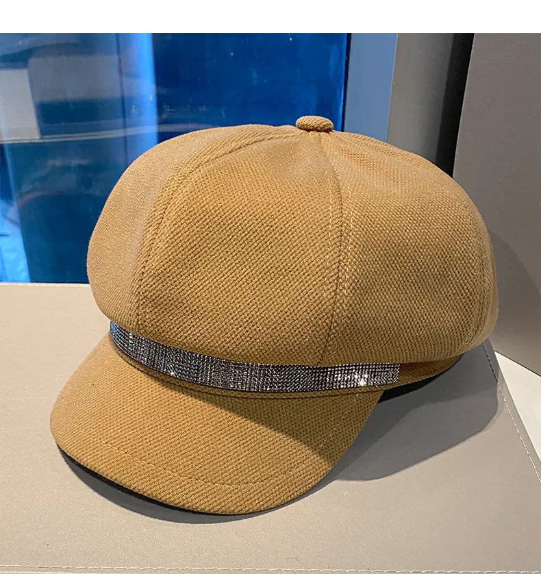 Korean Style Rhinestone Octagonal Cap Brown — feature 12