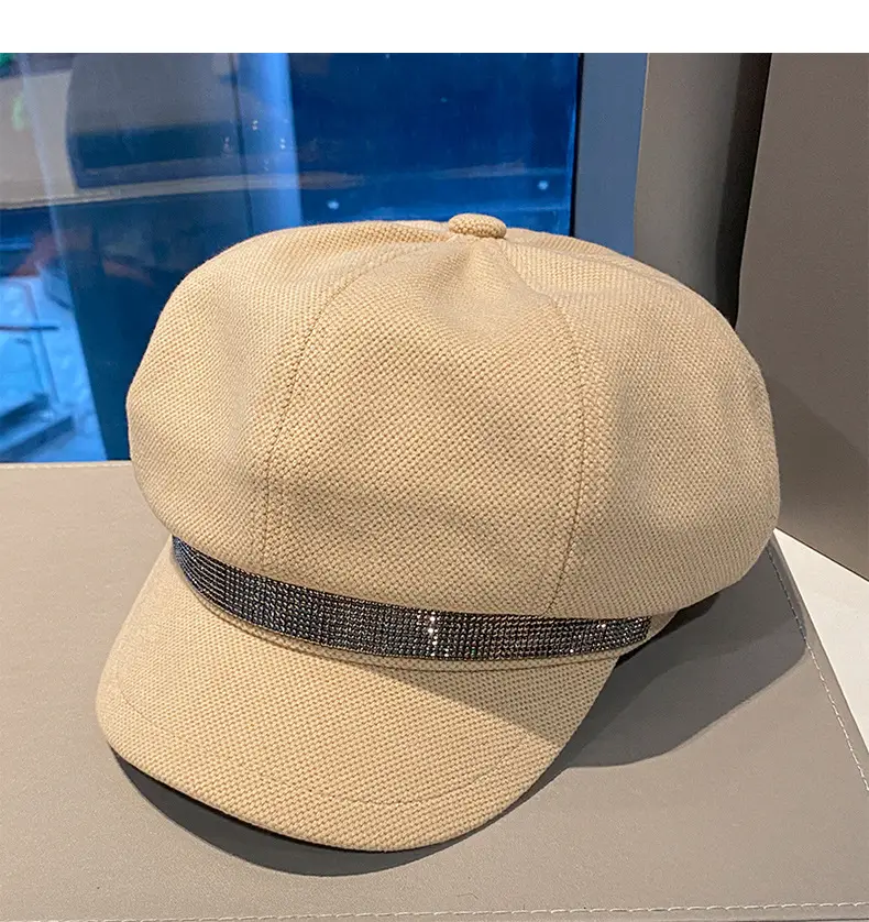 Korean Style Rhinestone Octagonal Cap Brown — feature 13