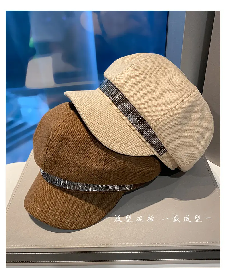 Korean Style Rhinestone Octagonal Cap Brown — feature 3