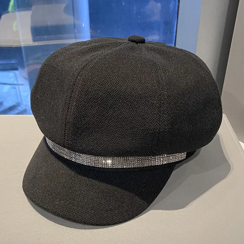 Korean Style Rhinestone Octagonal Cap Brown - Image 2