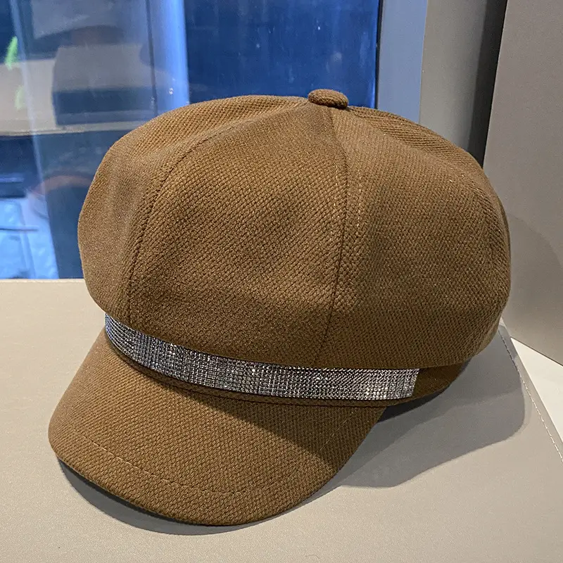 Korean Style Rhinestone Octagonal Cap Brown - Image 3