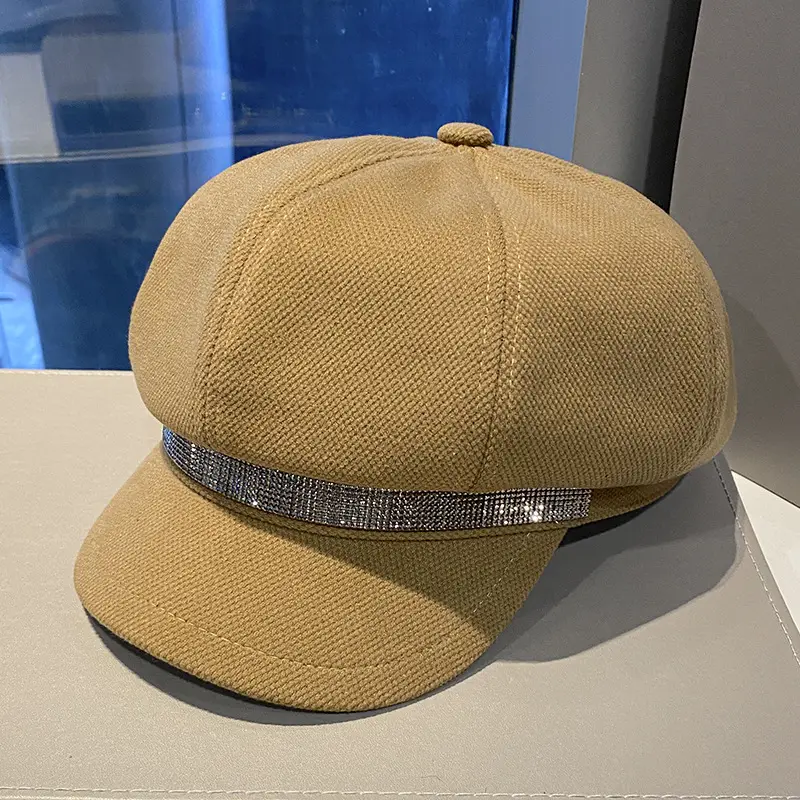 Korean Style Rhinestone Octagonal Cap Brown - Image 4