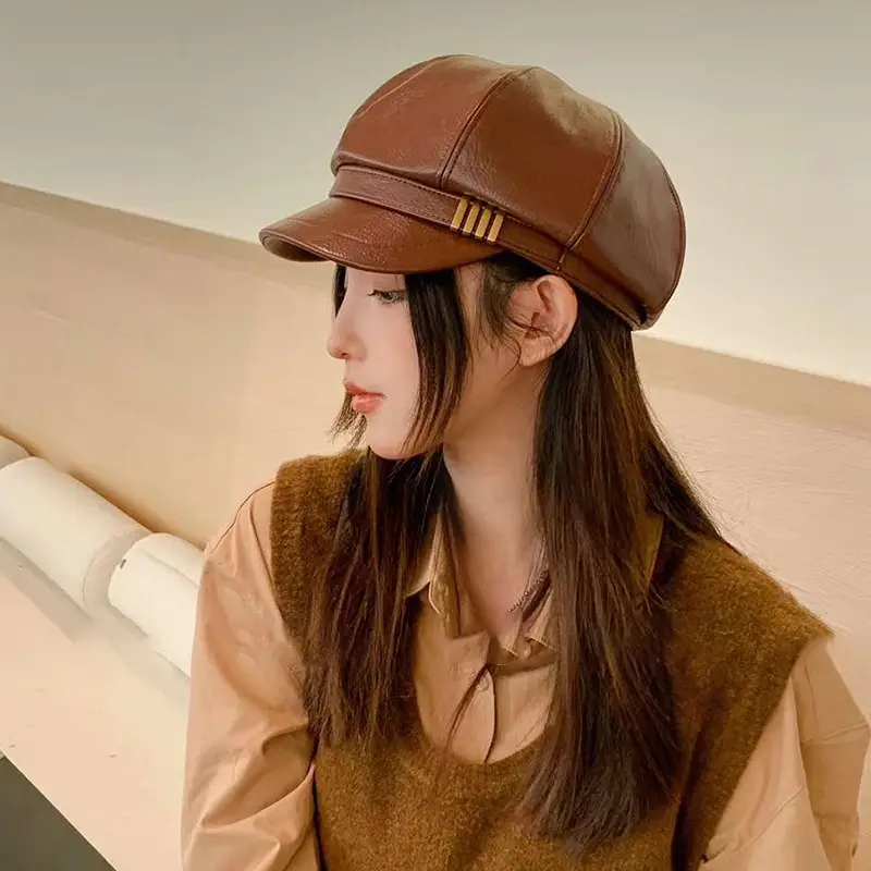Women's Brown Leather Octagonal Cap with Gold Strap - Image 4