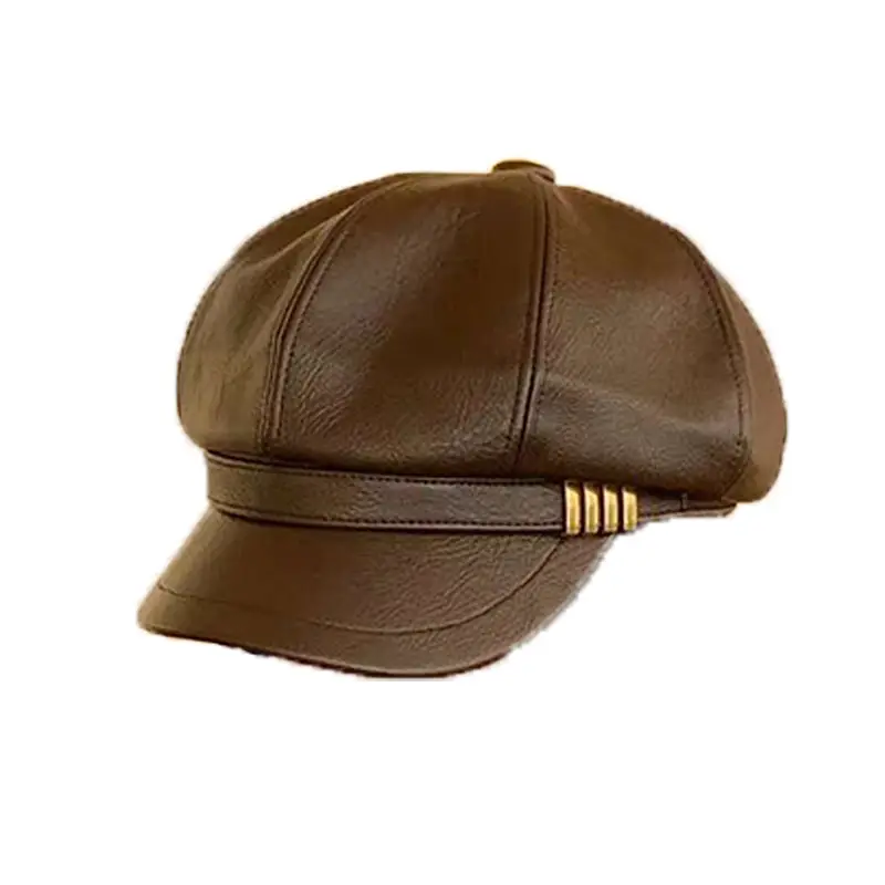 Women's Brown Leather Octagonal Cap with Gold Strap - Image 8