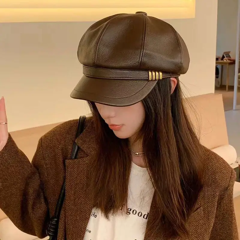 Women's Brown Leather Octagonal Cap with Gold Strap — feature 6