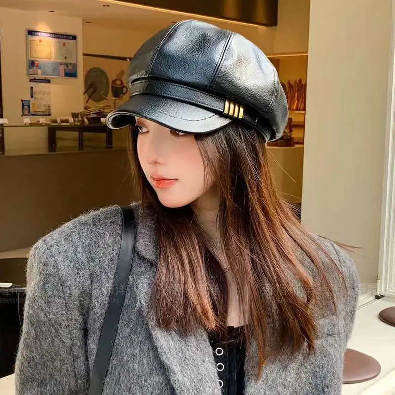 Women's Brown Leather Octagonal Cap with Gold Strap - Image 3