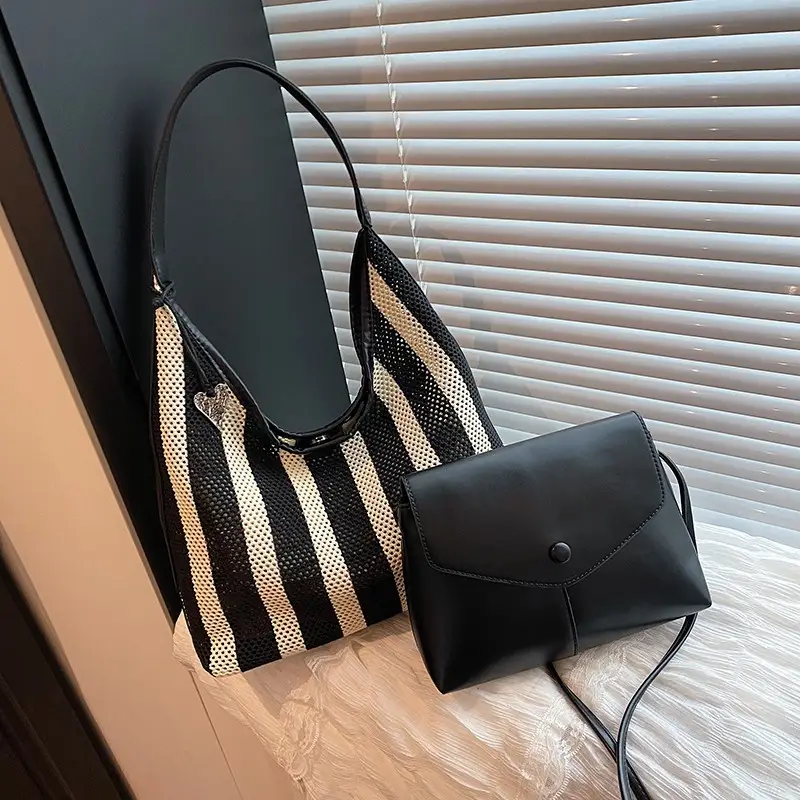 Women Large Capacity Shoulder Bag Black Striped College Tote - Image 3