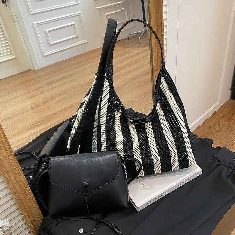 Women Large Capacity Shoulder Bag Black Striped College Tote - Image 4