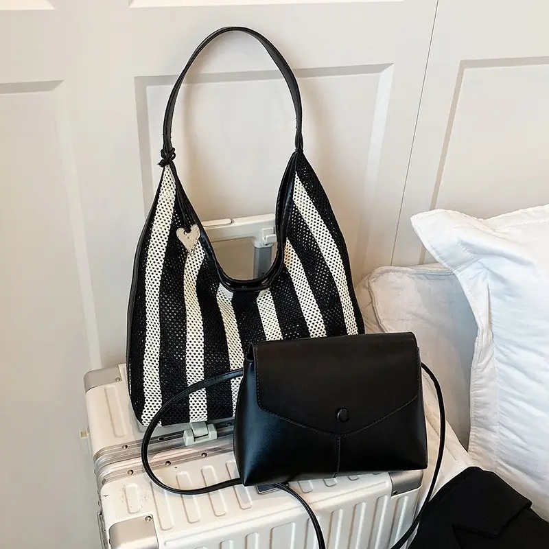 Women Large Capacity Shoulder Bag Black Striped College Tote - Image 5