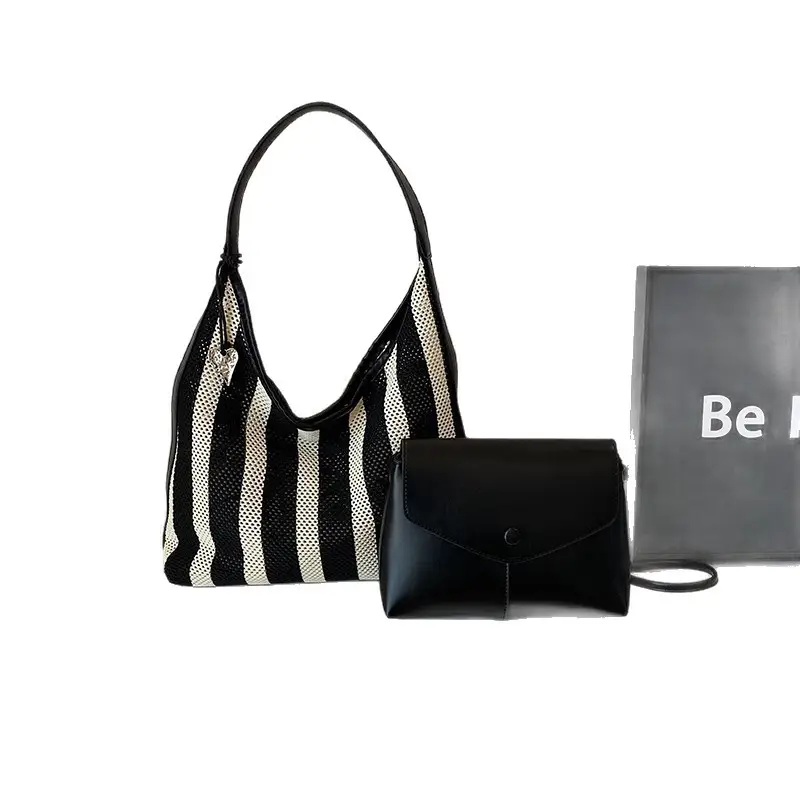 Women Large Capacity Shoulder Bag Black Striped College Tote - Image 6