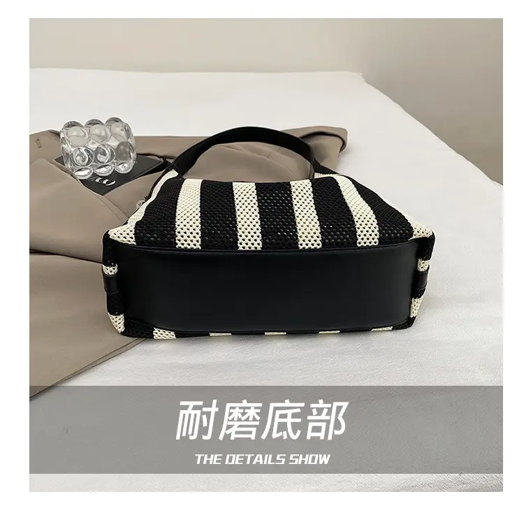 Women Large Capacity Shoulder Bag Black Striped College Tote — feature 10