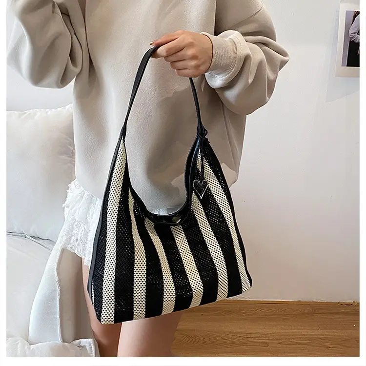 Women Large Capacity Shoulder Bag Black Striped College Tote — feature 11