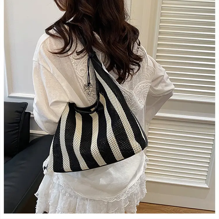 Women Large Capacity Shoulder Bag Black Striped College Tote — feature 13
