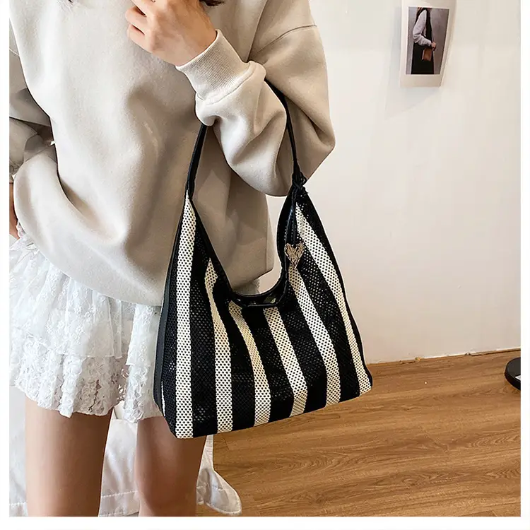 Women Large Capacity Shoulder Bag Black Striped College Tote — feature 14