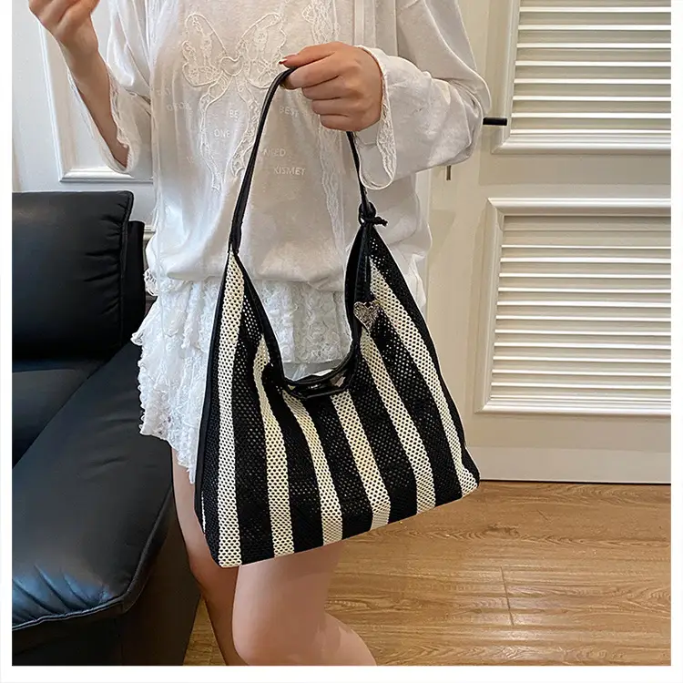 Women Large Capacity Shoulder Bag Black Striped College Tote — feature 15