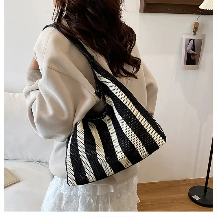 Women Large Capacity Shoulder Bag Black Striped College Tote — feature 16