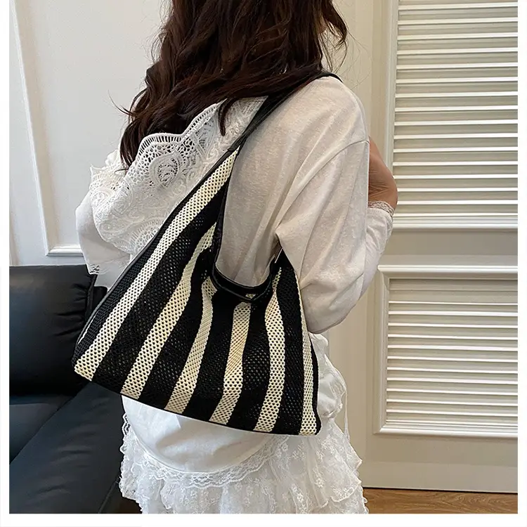 Women Large Capacity Shoulder Bag Black Striped College Tote — feature 18