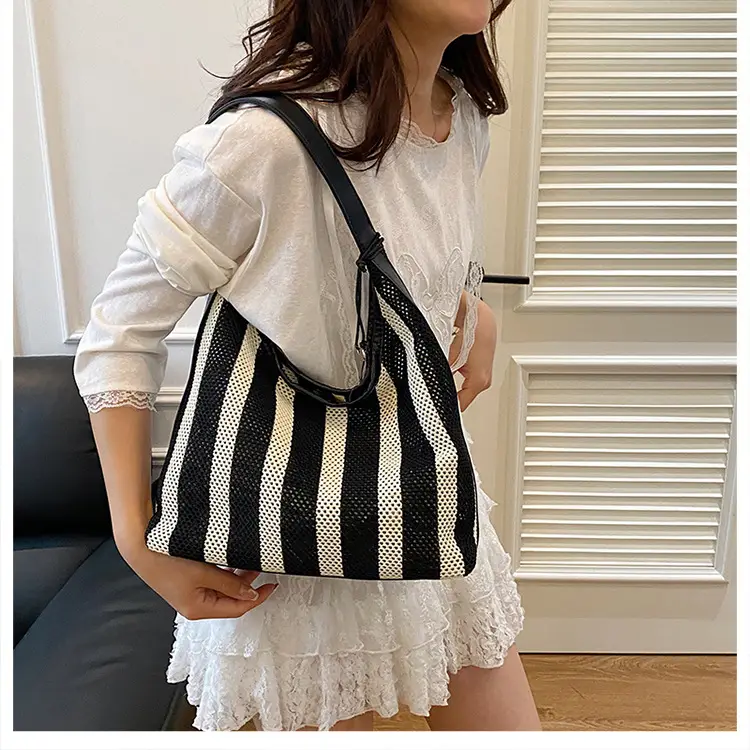 Women Large Capacity Shoulder Bag Black Striped College Tote — feature 21