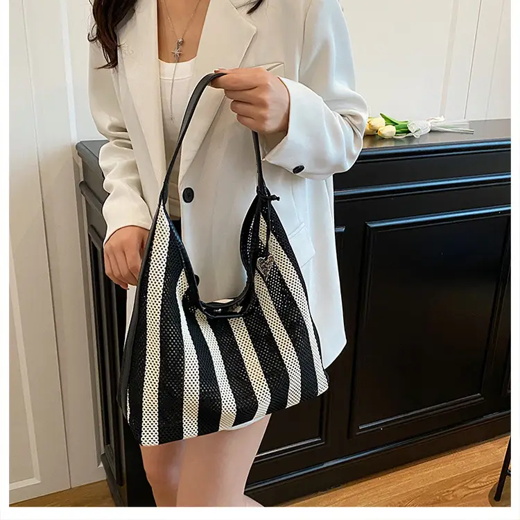 Women Large Capacity Shoulder Bag Black Striped College Tote — feature 22