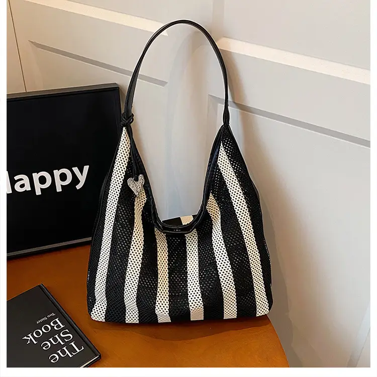 Women Large Capacity Shoulder Bag Black Striped College Tote — feature 5
