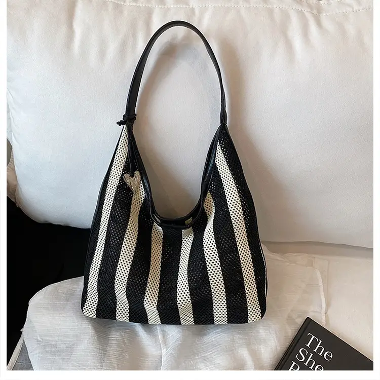 Women Large Capacity Shoulder Bag Black Striped College Tote — feature 6