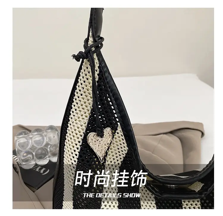 Women Large Capacity Shoulder Bag Black Striped College Tote — feature 7