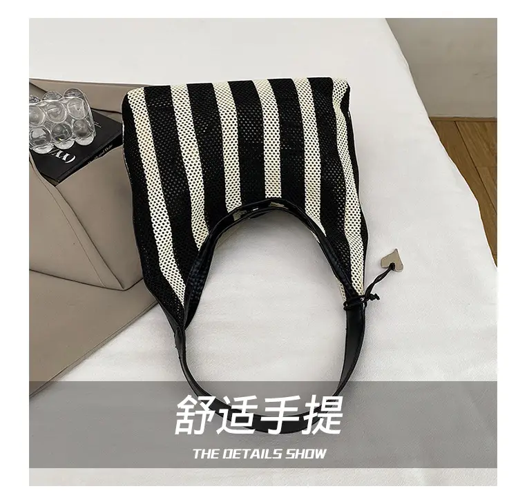 Women Large Capacity Shoulder Bag Black Striped College Tote — feature 8