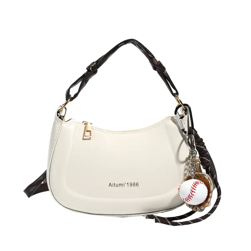 Women's Cream Leather Shoulder Bag with Charm - Image 5