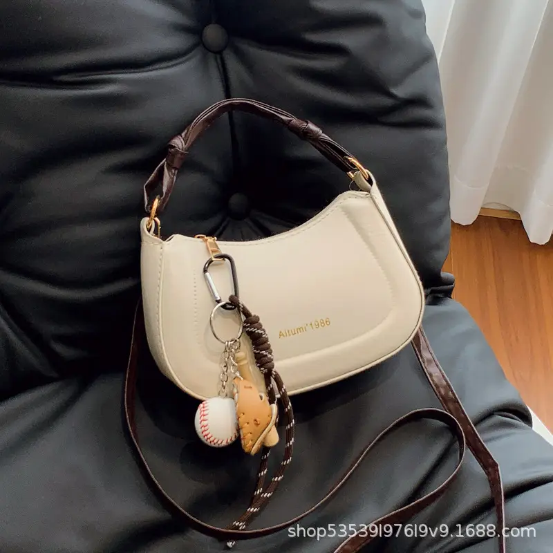 Women's Cream Leather Shoulder Bag with Charm — feature 10