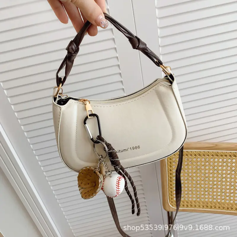 Women's Cream Leather Shoulder Bag with Charm — feature 11