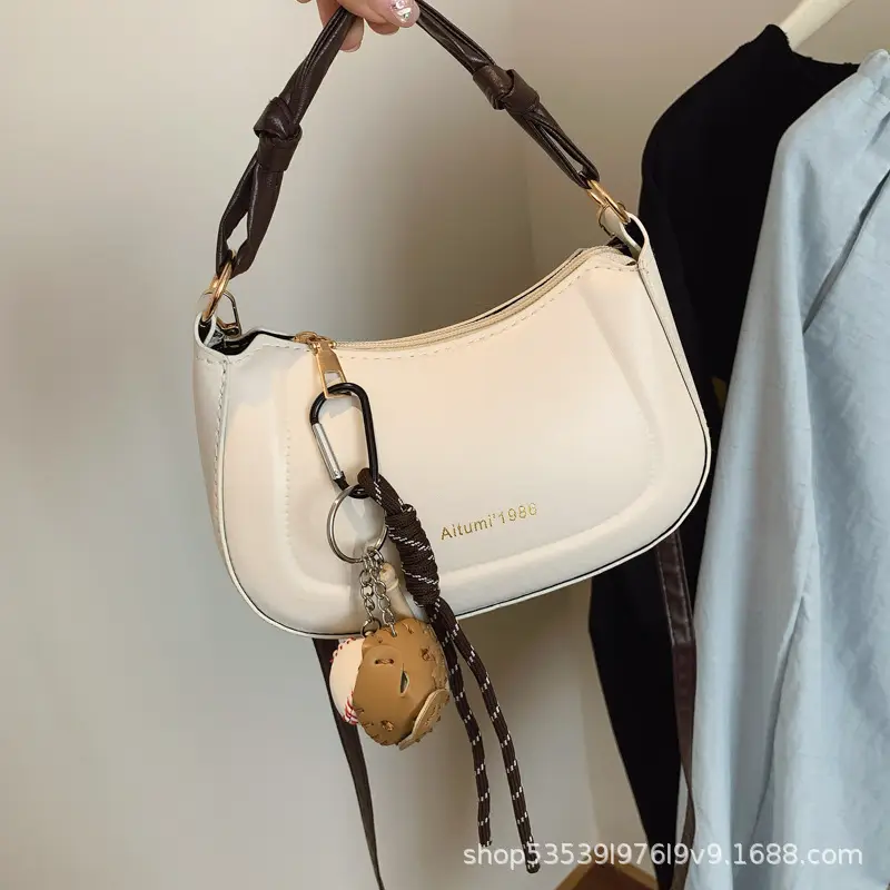 Women's Cream Leather Shoulder Bag with Charm — feature 12