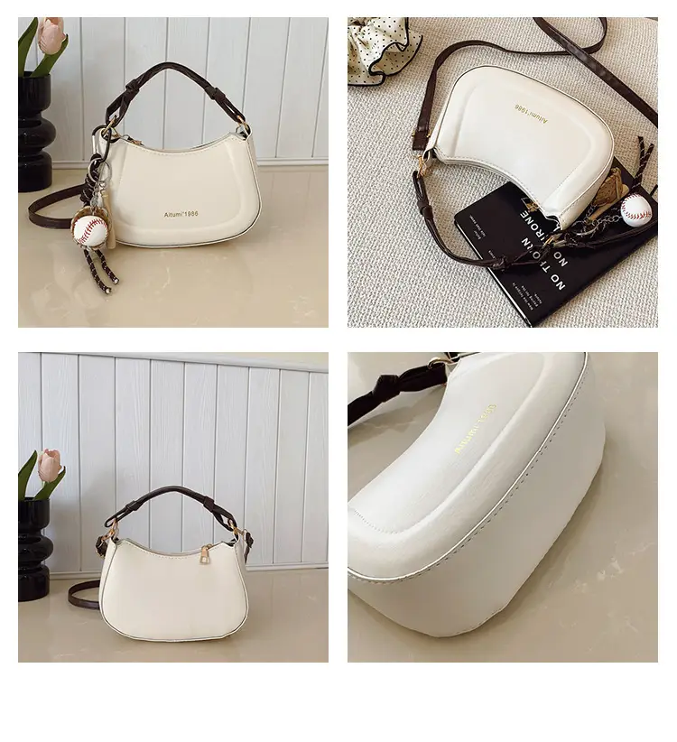 Women's Cream Leather Shoulder Bag with Charm — feature 8