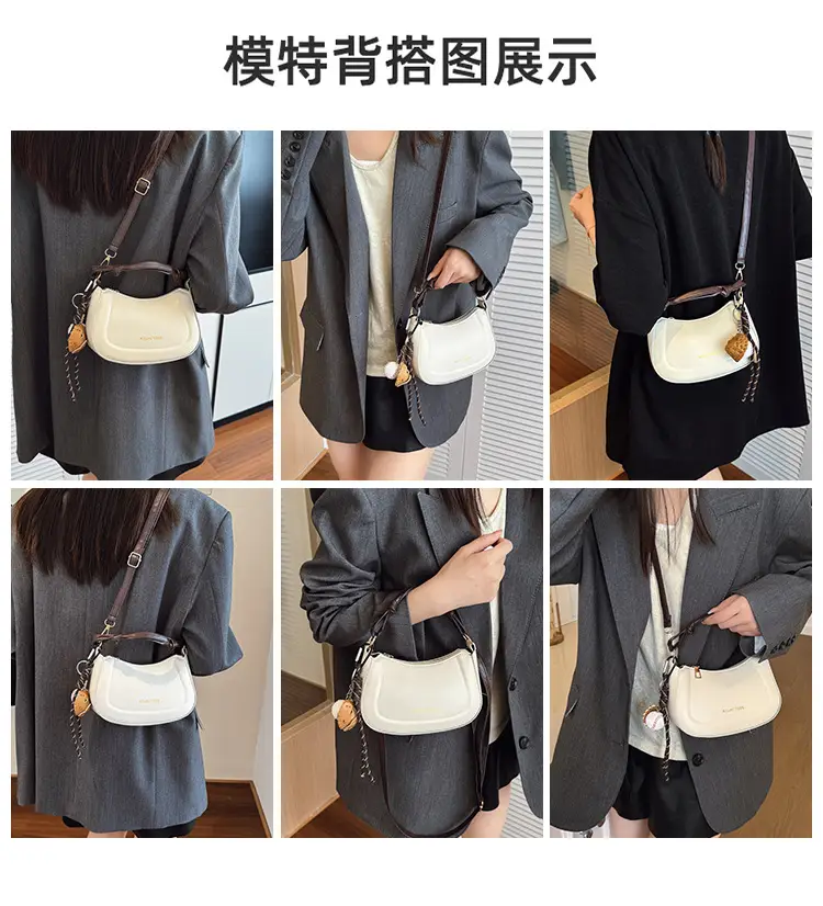 Women's Cream Leather Shoulder Bag with Charm — feature 9