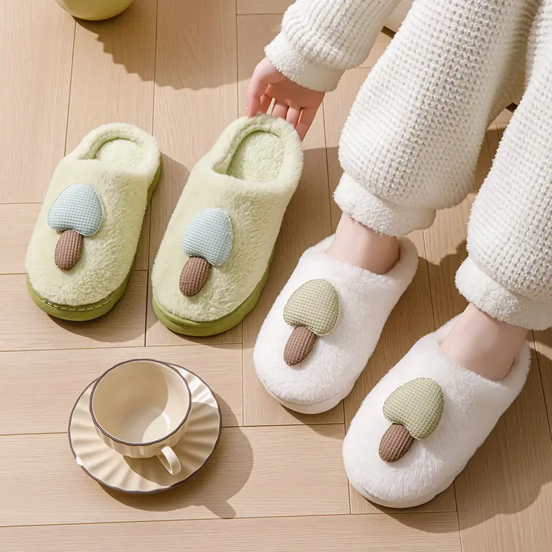 Cartoon Cotton Slippers Mushroom Plush Women's Winter Warm Couple Home Indoor Fleece Maternity Shoes Men's Slippers with Covered Heels
