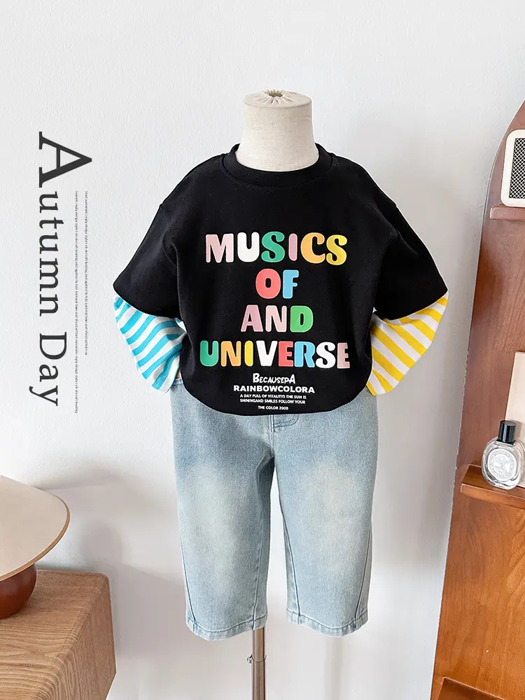 Kids T-Shirt Set Black Striped Sleeve Boys Autumn Wear - Image 2