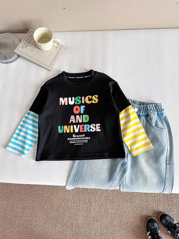 Kids T-Shirt Set Black Striped Sleeve Boys Autumn Wear - Image 3