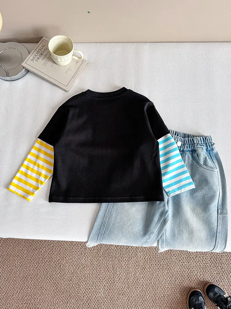 Kids T-Shirt Set Black Striped Sleeve Boys Autumn Wear - Image 4