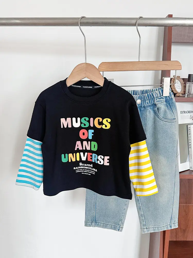 Kids T-Shirt Set Black Striped Sleeve Boys Autumn Wear - Image 5