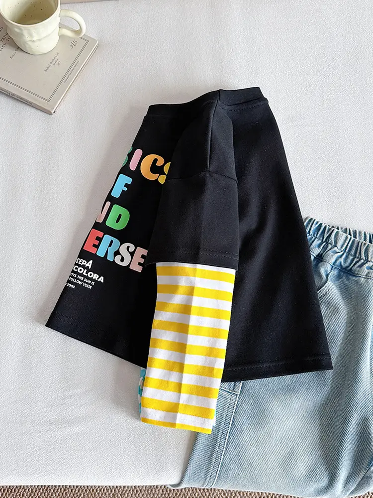 Kids T-Shirt Set Black Striped Sleeve Boys Autumn Wear - Image 6