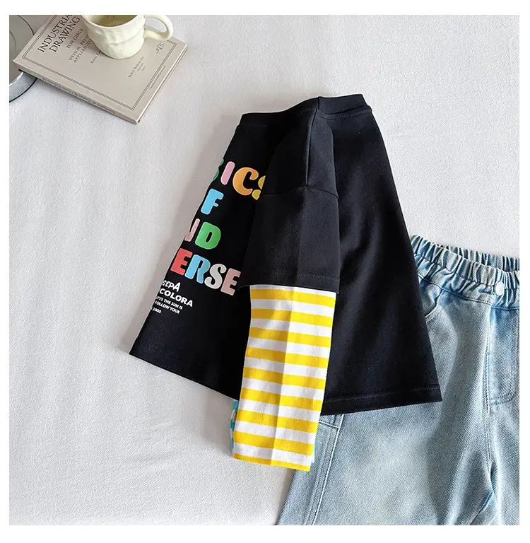 Kids T-Shirt Set Black Striped Sleeve Boys Autumn Wear — feature 10