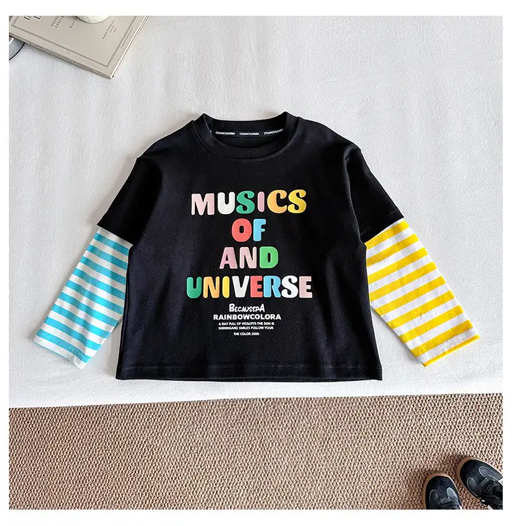 Kids T-Shirt Set Black Striped Sleeve Boys Autumn Wear — feature 12