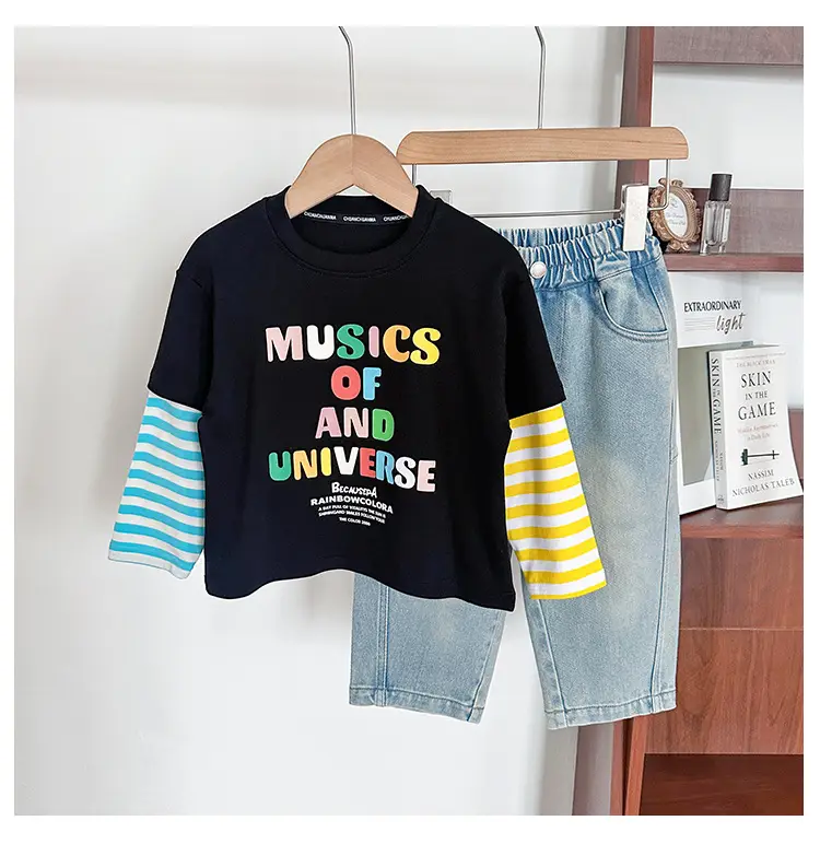 Kids T-Shirt Set Black Striped Sleeve Boys Autumn Wear — feature 13