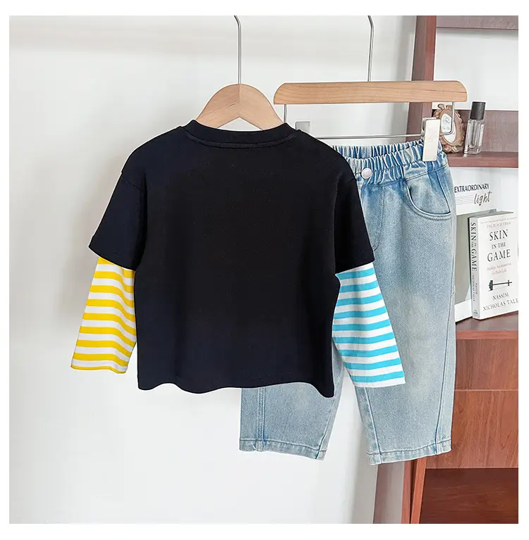 Kids T-Shirt Set Black Striped Sleeve Boys Autumn Wear — feature 14