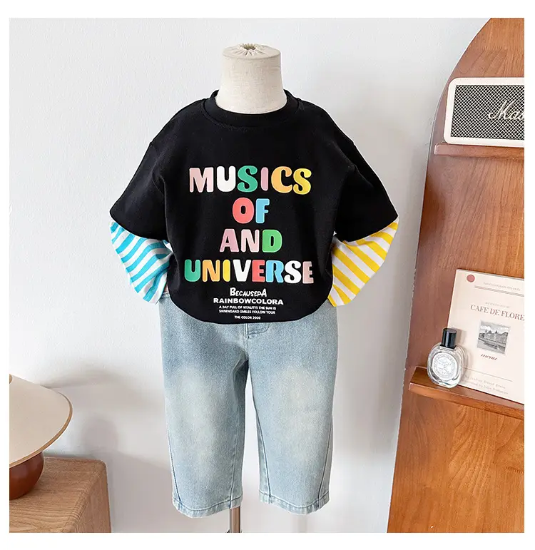 Kids T-Shirt Set Black Striped Sleeve Boys Autumn Wear — feature 15