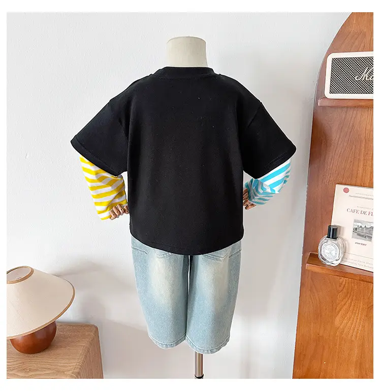 Kids T-Shirt Set Black Striped Sleeve Boys Autumn Wear — feature 16