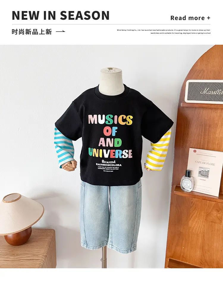 Kids T-Shirt Set Black Striped Sleeve Boys Autumn Wear — feature 3