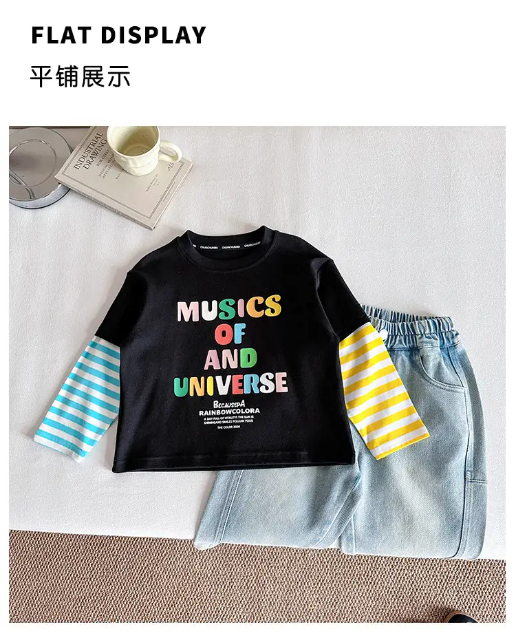 Kids T-Shirt Set Black Striped Sleeve Boys Autumn Wear — feature 7