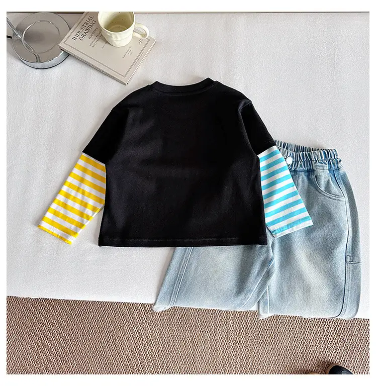 Kids T-Shirt Set Black Striped Sleeve Boys Autumn Wear — feature 8